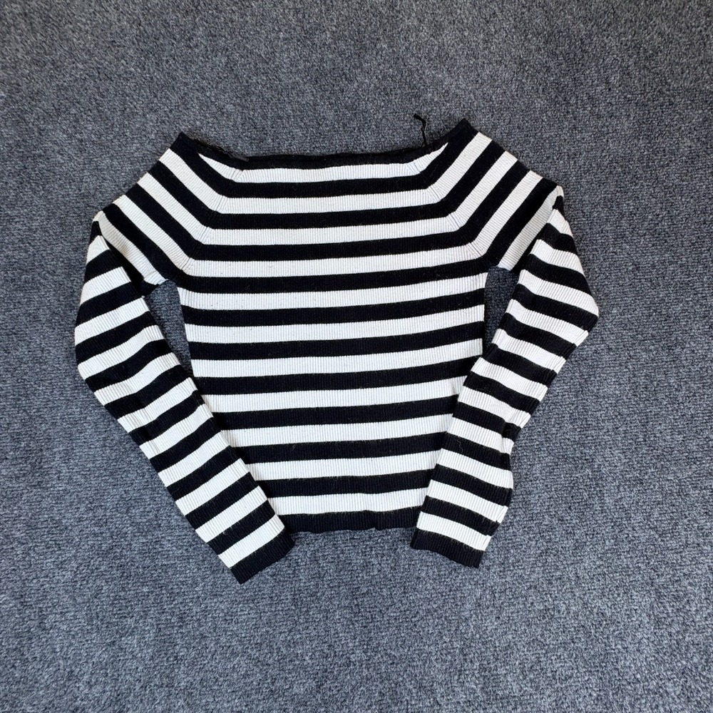 Major Label Group Cropped Sweater Womens L White Black‎ Striped Off The Shoulder